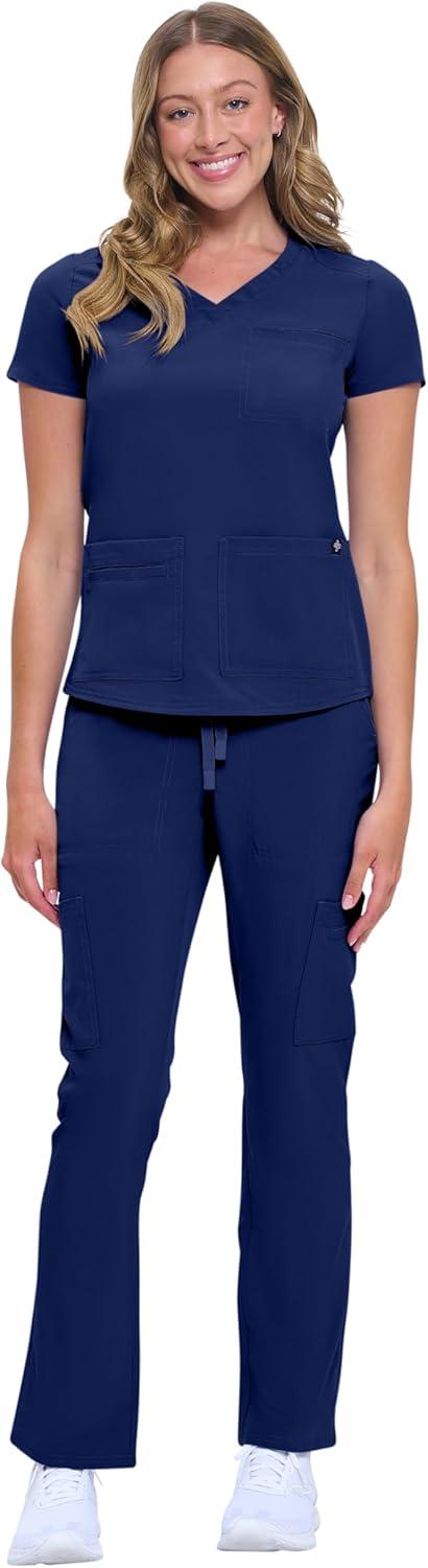 imageNatural Uniforms Womens 11 Pocket Cool Stretch Cargo Scrub Set with Regular and Petite SizesTrue Navy Blue