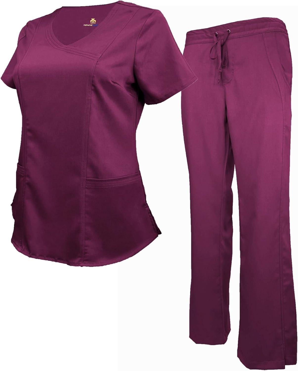 imageNatural Uniforms Womens Ultra Soft Modern Fit Mock Wrap Work Uniform Top and Pant Set 82019200Burgundy