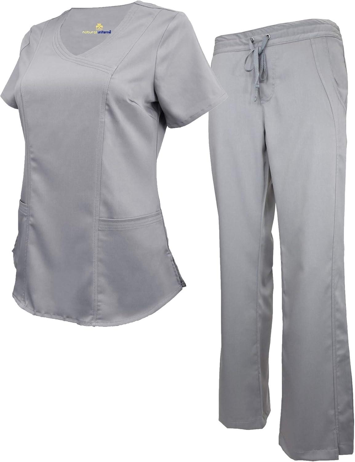 imageNatural Uniforms Womens Ultra Soft Modern Fit Mock Wrap Work Uniform Top and Pant Set 82019200Grey