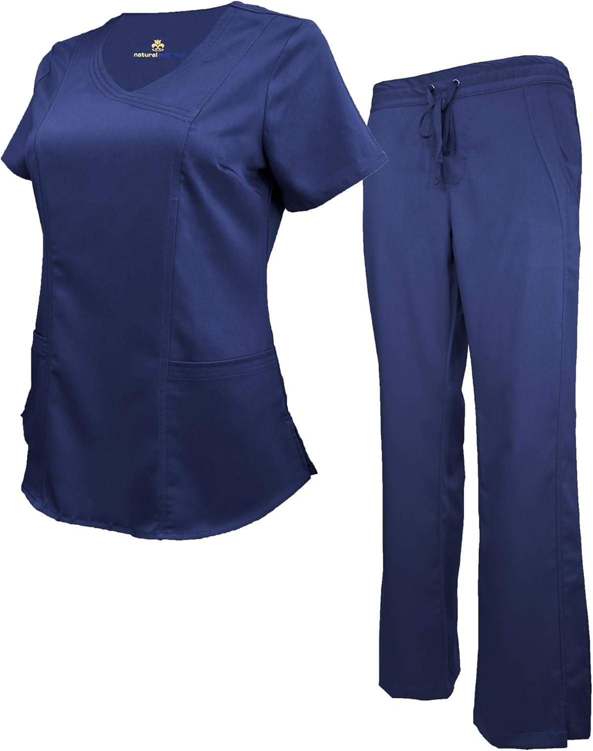 imageNatural Uniforms Womens Ultra Soft Modern Fit Mock Wrap Work Uniform Top and Pant Set 82019200True Navy Blue