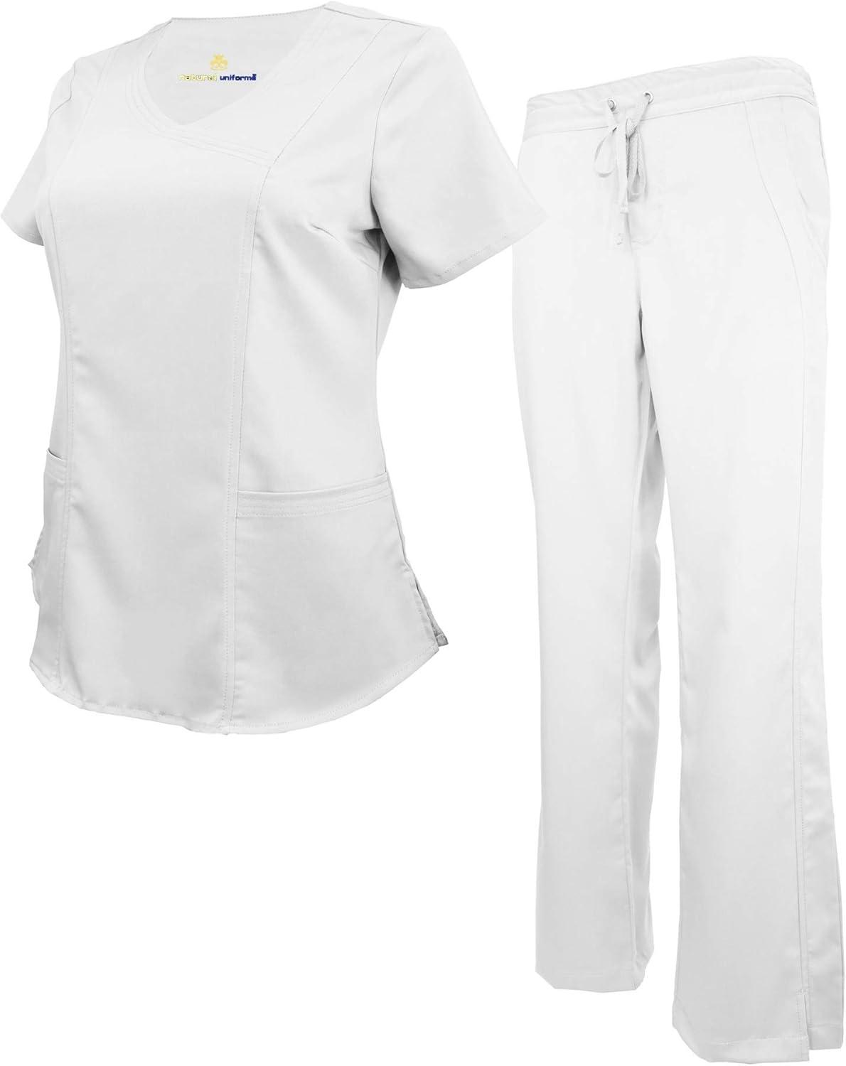 imageNatural Uniforms Womens Ultra Soft Modern Fit Mock Wrap Work Uniform Top and Pant Set 82019200White