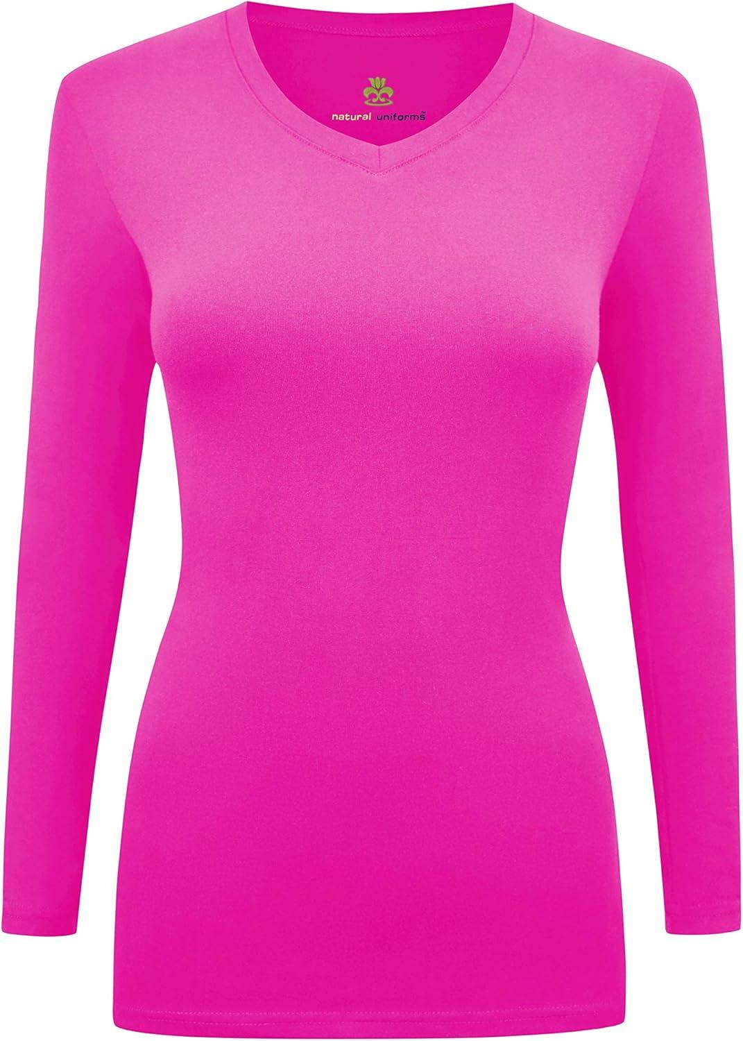 imageNatural Uniforms Womens Under Scrub Tee VNeck Long Sleeve TShirt3PackNeon Pink