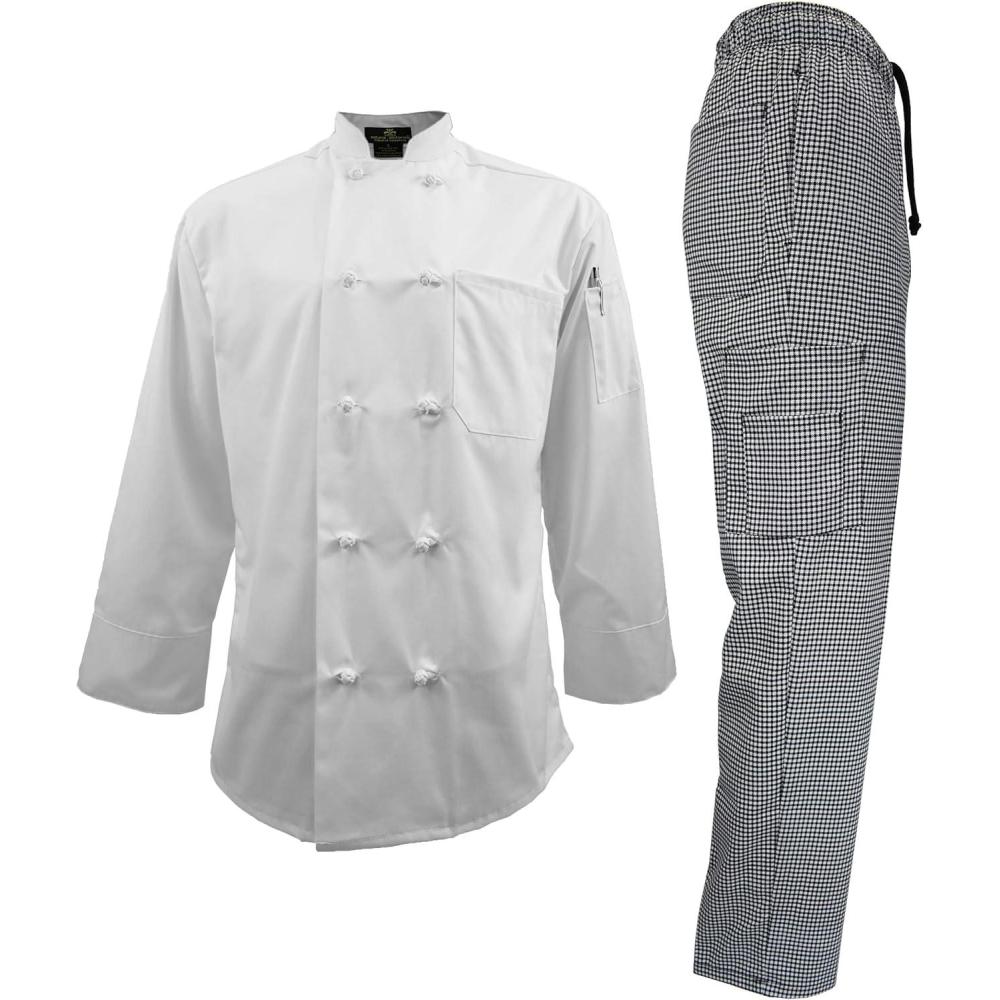 imageNatural Uniforms Mens Chef Uniform Set Chef Coat and Cargo Pants SetWhite CoatHoundstooth Cargo Pants