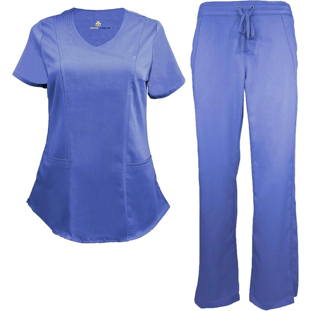 imageNatural Uniforms Womens Ultra Soft Modern Fit Mock Wrap Work Uniform Top and Pant Set 82019200Ceil Blue