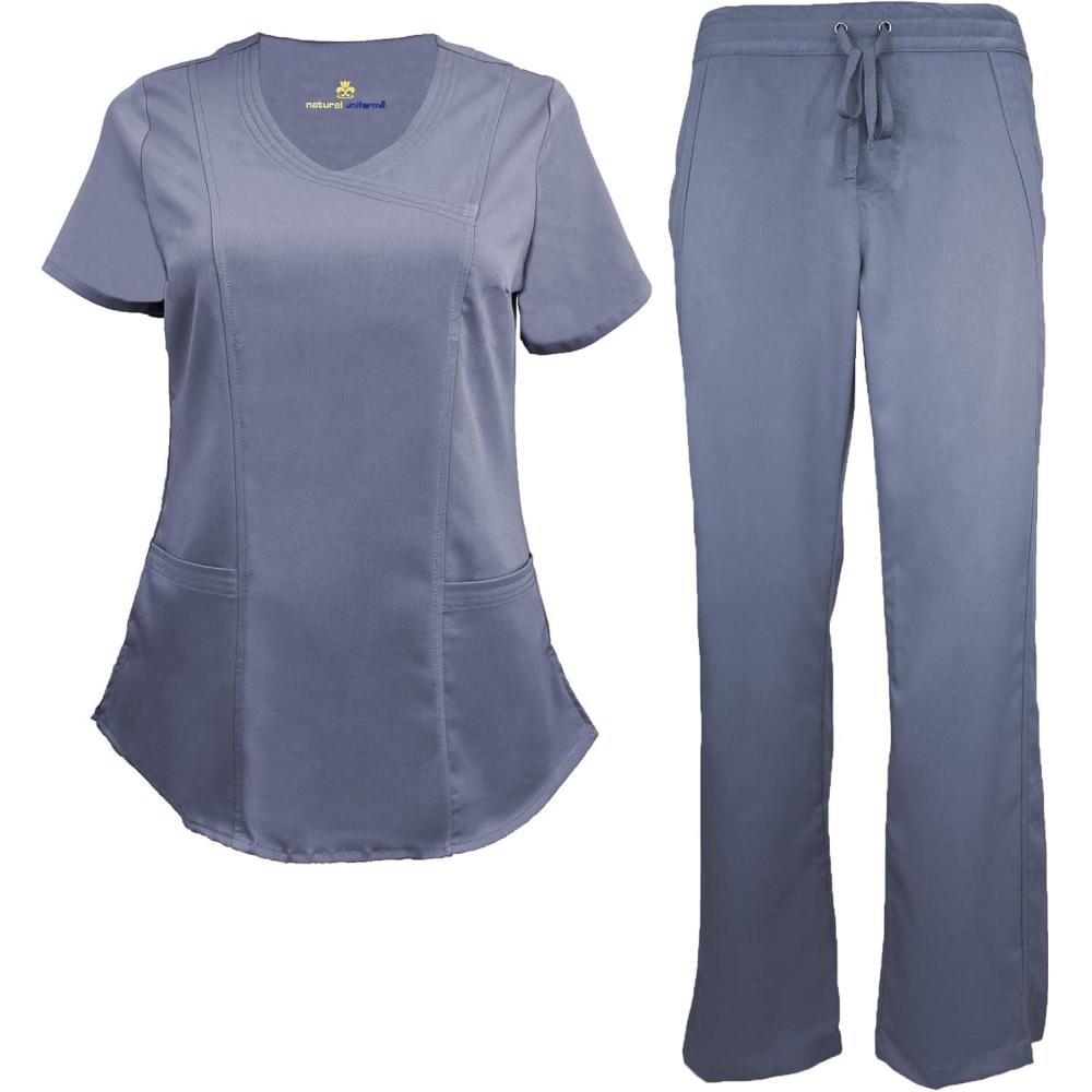 imageNatural Uniforms Womens Ultra Soft Modern Fit Mock Wrap Work Uniform Top and Pant Set 82019200Charcoal