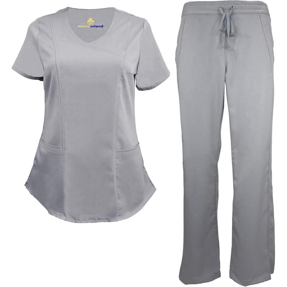 imageNatural Uniforms Womens Ultra Soft Modern Fit Mock Wrap Work Uniform Top and Pant Set 82019200Grey