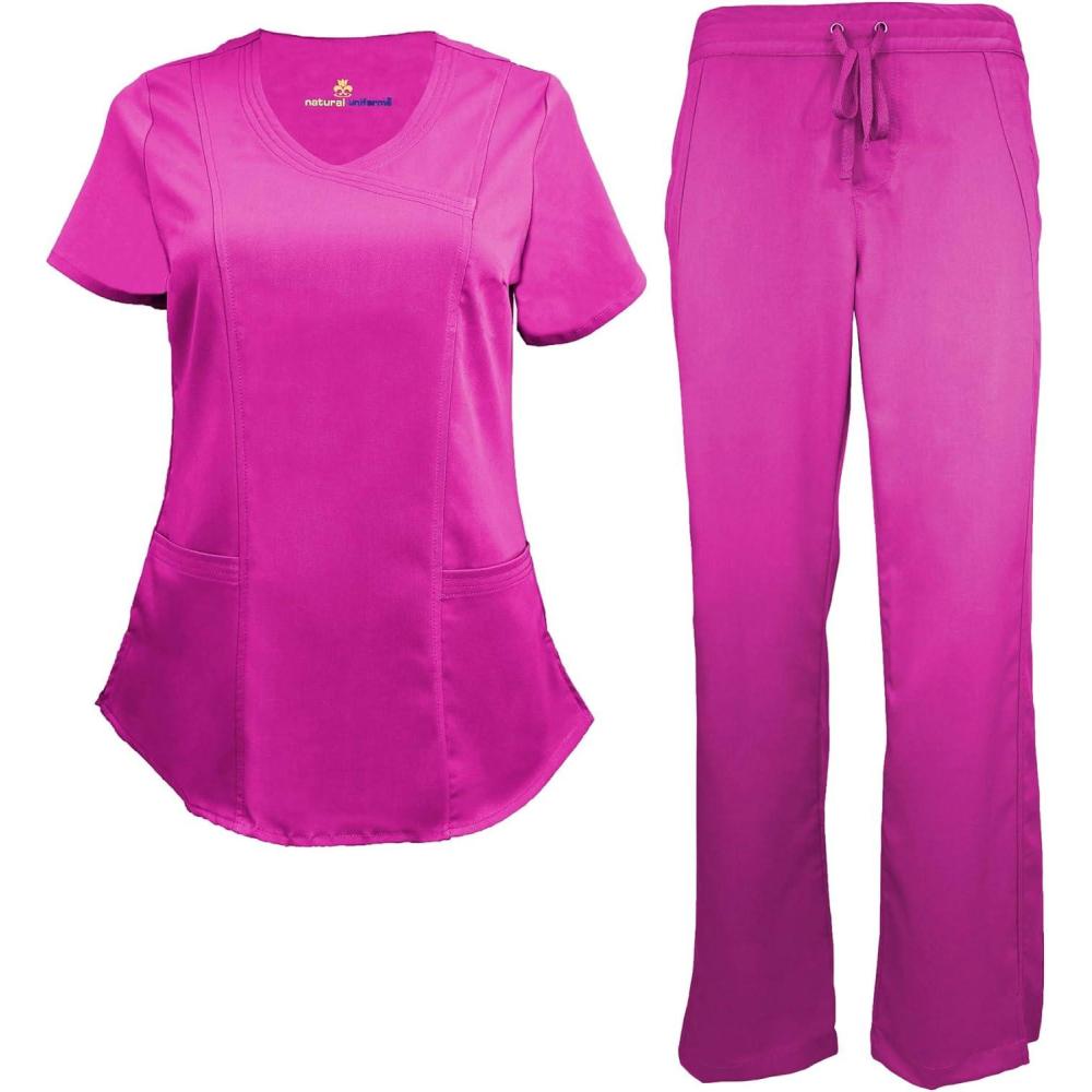 imageNatural Uniforms Womens Ultra Soft Modern Fit Mock Wrap Work Uniform Top and Pant Set 82019200Hot Pink