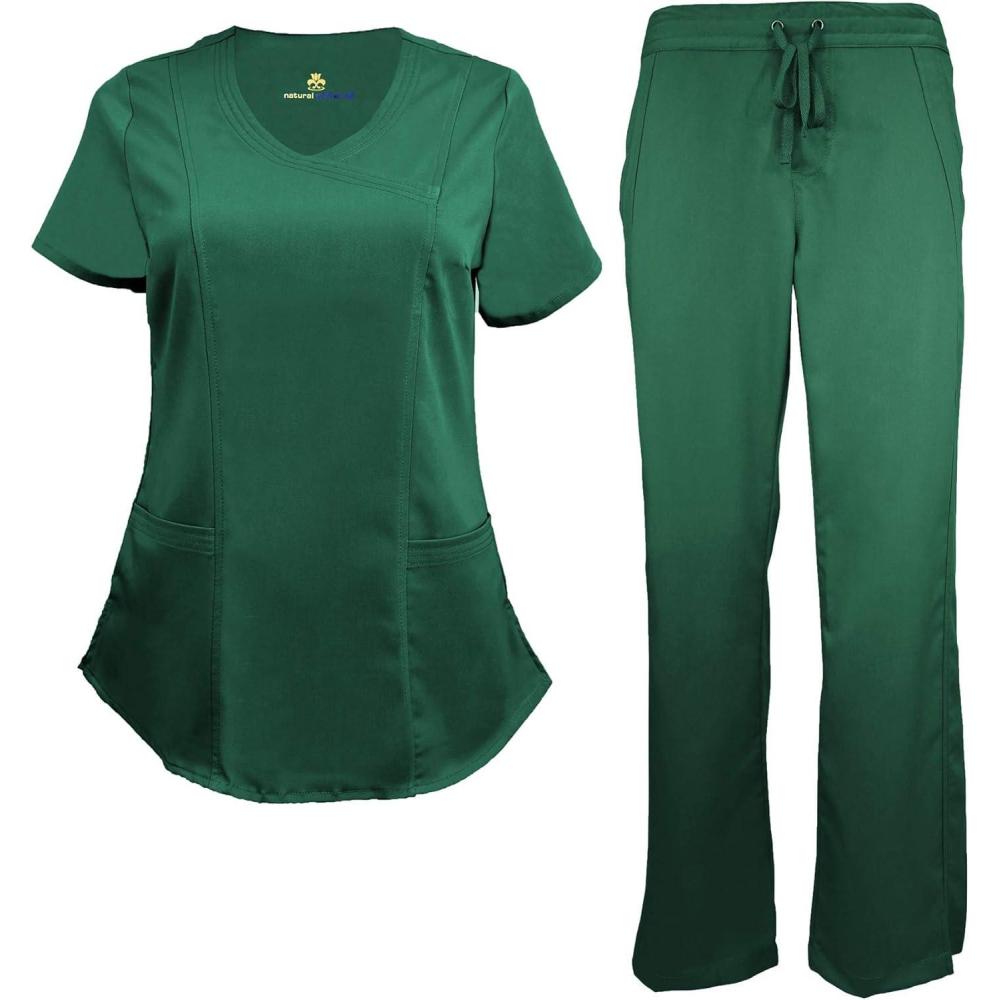 imageNatural Uniforms Womens Ultra Soft Modern Fit Mock Wrap Work Uniform Top and Pant Set 82019200Hunter Green