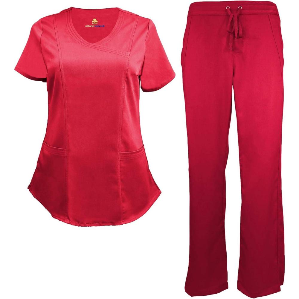 imageNatural Uniforms Womens Ultra Soft Modern Fit Mock Wrap Work Uniform Top and Pant Set 82019200Red