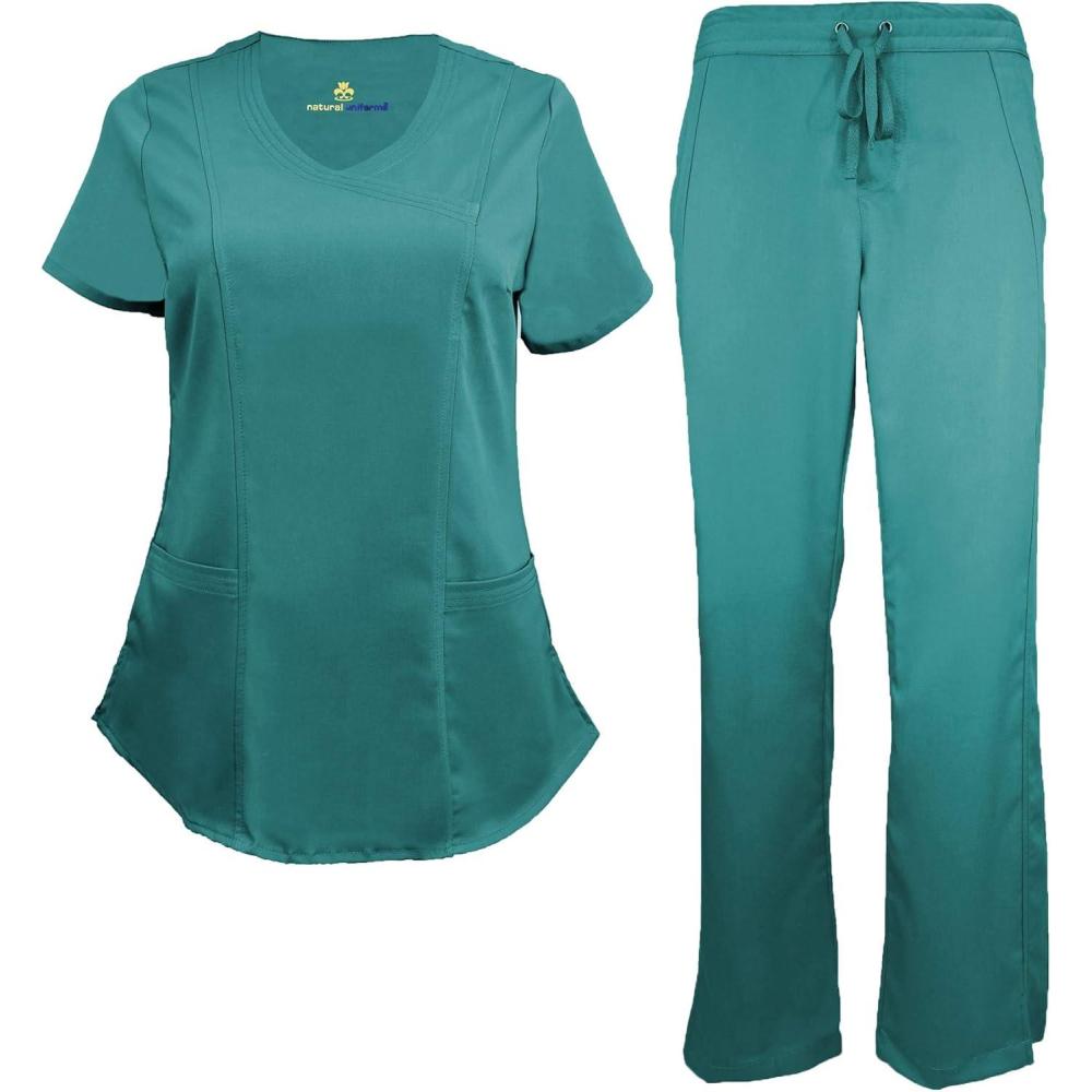 imageNatural Uniforms Womens Ultra Soft Modern Fit Mock Wrap Work Uniform Top and Pant Set 82019200Teal