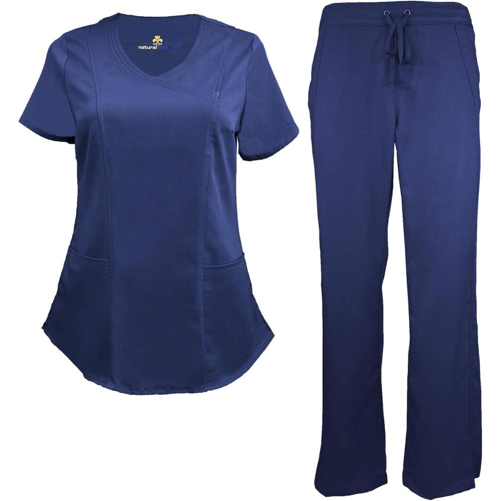 imageNatural Uniforms Womens Ultra Soft Modern Fit Mock Wrap Work Uniform Top and Pant Set 82019200True Navy Blue