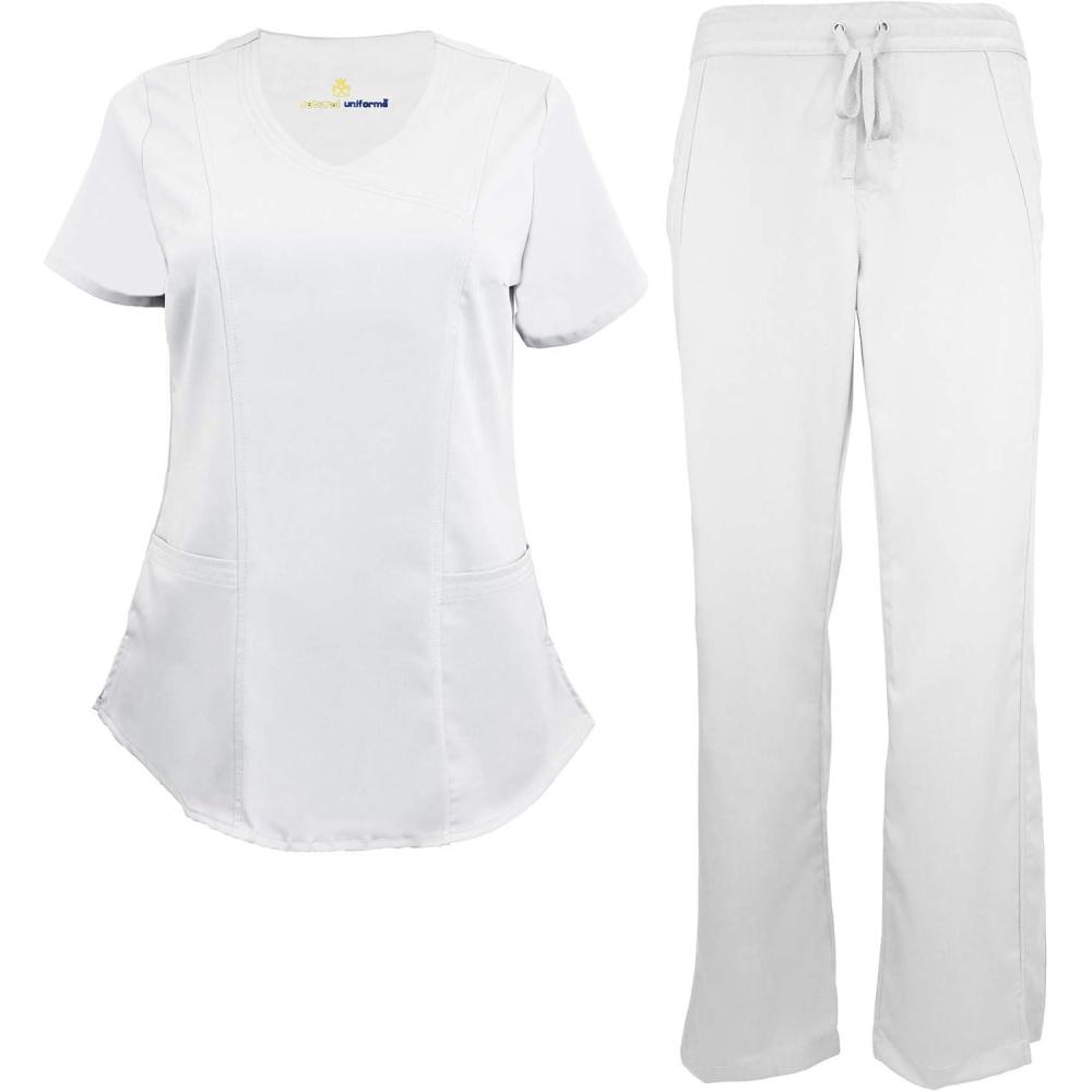 imageNatural Uniforms Womens Ultra Soft Modern Fit Mock Wrap Work Uniform Top and Pant Set 82019200White