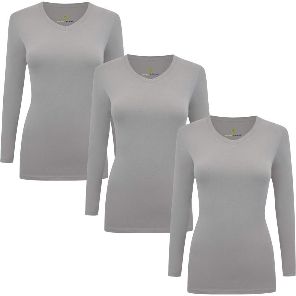 imageNatural Uniforms Womens Under Scrub Tee VNeck Long Sleeve TShirt3PackGrey