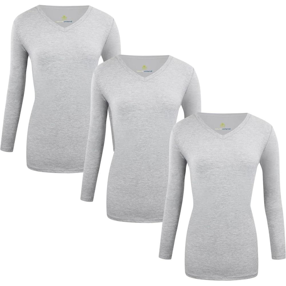 imageNatural Uniforms Womens Under Scrub Tee VNeck Long Sleeve TShirt3PackHeather Grey