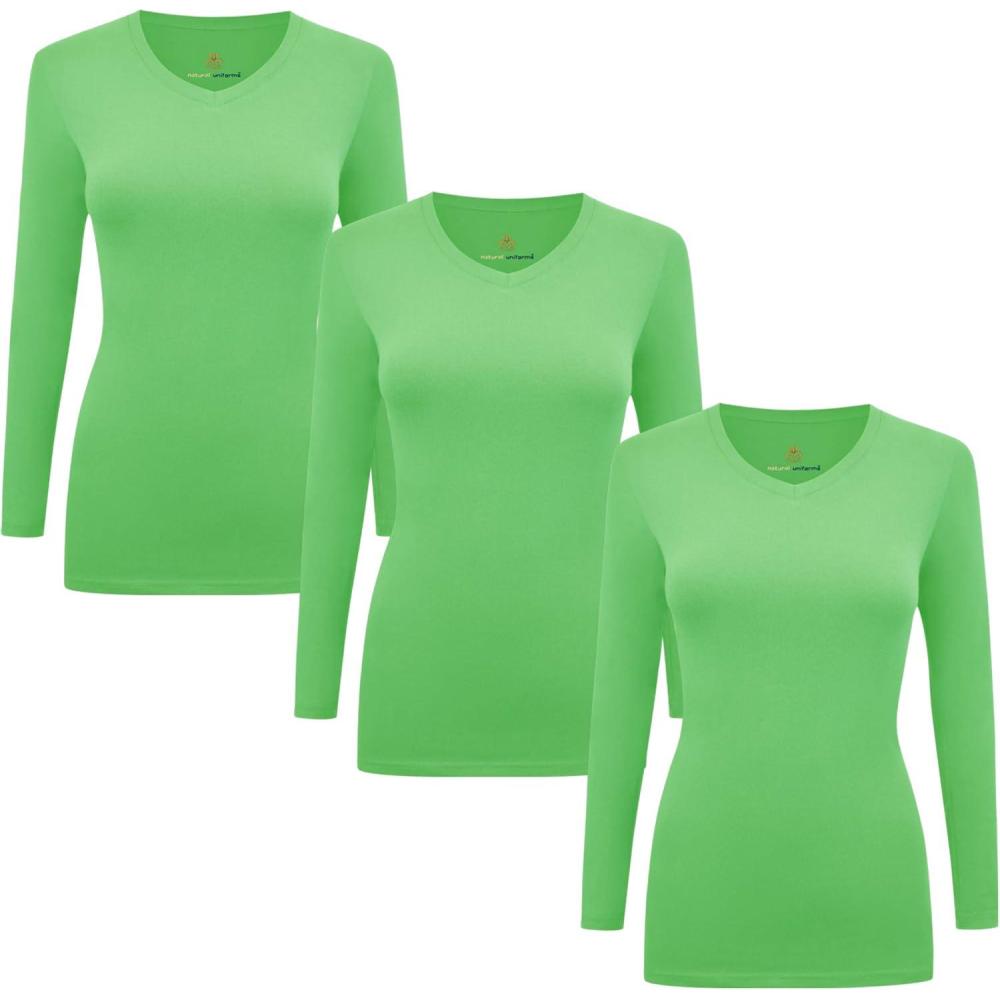 imageNatural Uniforms Womens Under Scrub Tee VNeck Long Sleeve TShirt3PackLime Green