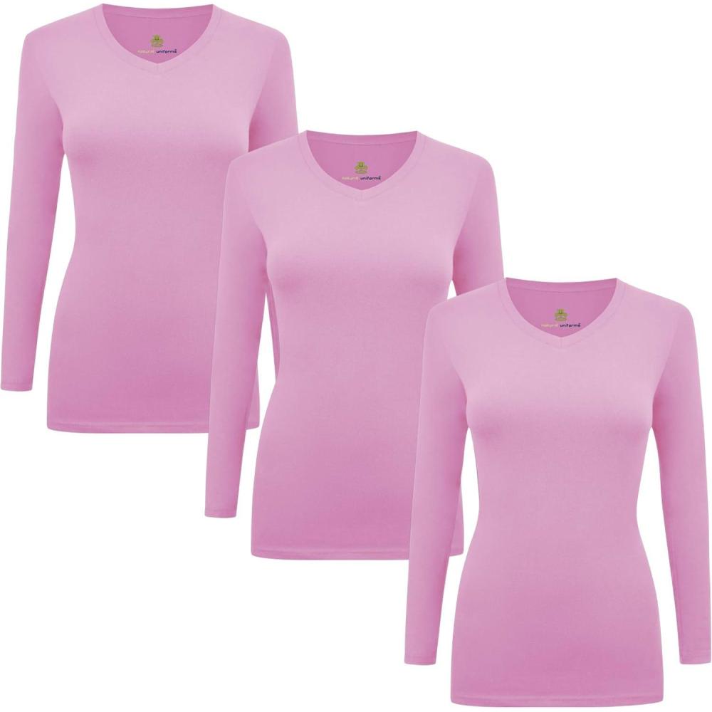 imageNatural Uniforms Womens Under Scrub Tee VNeck Long Sleeve TShirt3PackPink