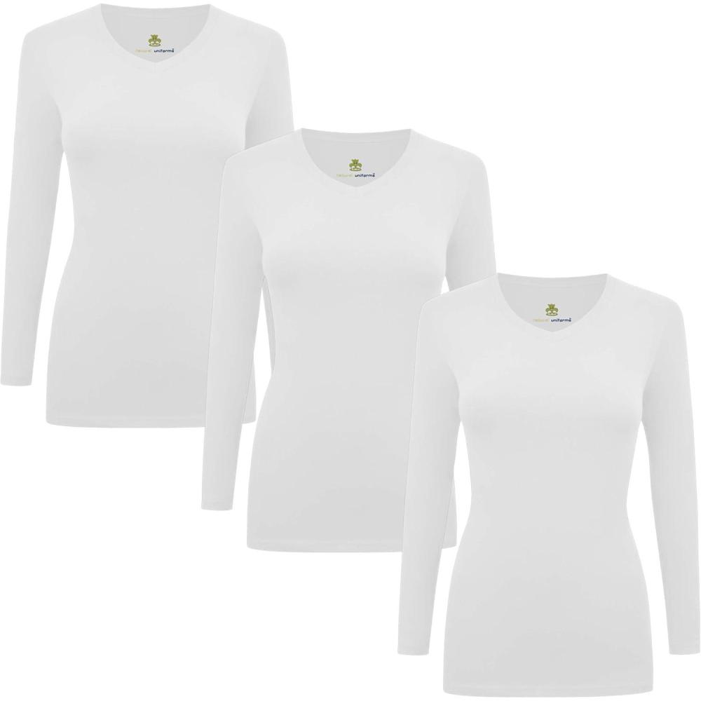 imageNatural Uniforms Womens Under Scrub Tee VNeck Long Sleeve TShirt3PackWhite