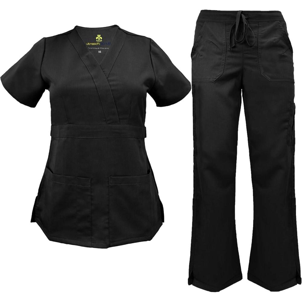 imageSoft Premium Mock Wrap Professional WorkWear Women Top and Pant Set 81159118Black