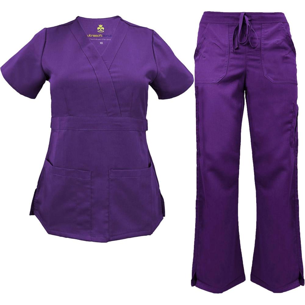 imageSoft Premium Mock Wrap Professional WorkWear Women Top and Pant Set 81159118Purple
