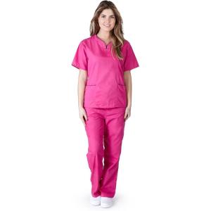 Natural Uniforms Contrast Trim Scrub Top and Pant Set(Hot Pink/Black)