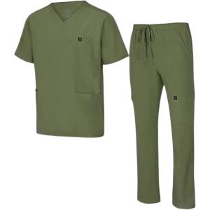 Natural Uniforms Mens Stretch Multi-Pocket Cargo Scrub Set(Olive)