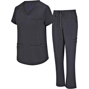 Natural Uniforms Womens 11 Pocket Cool Stretch Cargo Scrub Set with Regular and Petite Sizes(Black)