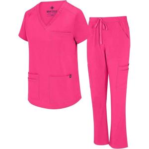 Natural Uniforms Womens 11 Pocket Cool Stretch Cargo Scrub Set with Regular and Petite Sizes(Hot Pink)