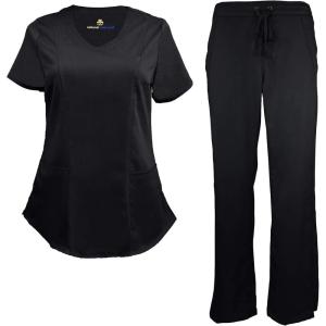 Natural Uniforms Women’s Ultra Soft Modern Fit Mock Wrap Work Uniform Top and Pant Set 8201-9200(Black)