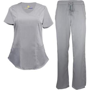 Natural Uniforms Women’s Ultra Soft Modern Fit Mock Wrap Work Uniform Top and Pant Set 8201-9200(Grey)