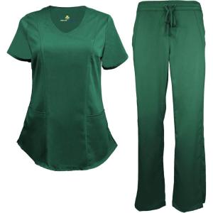 Natural Uniforms Women’s Ultra Soft Modern Fit Mock Wrap Work Uniform Top and Pant Set 8201-9200(Hunter Green)