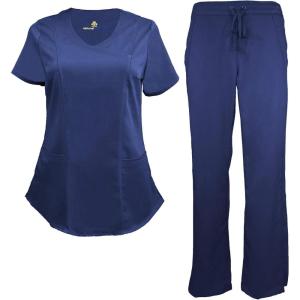 Natural Uniforms Women’s Ultra Soft Modern Fit Mock Wrap Work Uniform Top and Pant Set 8201-9200(True Navy Blue)