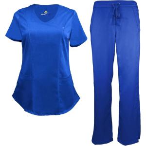 Natural Uniforms Women’s Ultra Soft Modern Fit Mock Wrap Work Uniform Top and Pant Set 8201-9200(True Royal Blue)