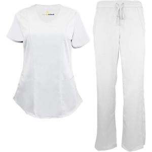 Natural Uniforms Women’s Ultra Soft Modern Fit Mock Wrap Work Uniform Top and Pant Set 8201-9200(White)