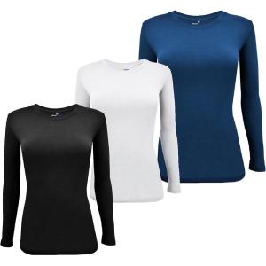 Natural Uniforms Women’s Under Scrub Tee Crew Neck Long Sleeve T-Shirt Pack of 3 – Multi Pack of 3(Black/White/Navy)