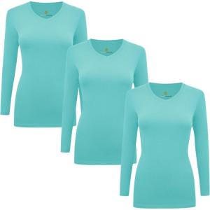Natural Uniforms Women’s Under Scrub Tee V-Neck Long Sleeve T-Shirt-3-Pack(Aqua Blue)