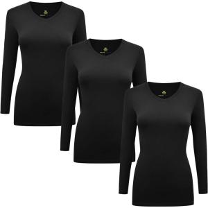Natural Uniforms Women’s Under Scrub Tee V-Neck Long Sleeve T-Shirt-3-Pack(Black)