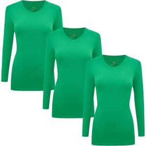 Natural Uniforms Women’s Under Scrub Tee V-Neck Long Sleeve T-Shirt-3-Pack(Green)