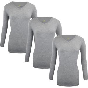 Natural Uniforms Women’s Under Scrub Tee V-Neck Long Sleeve T-Shirt-3-Pack(Heather Charcoal)