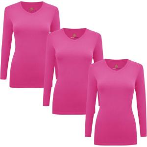Natural Uniforms Women’s Under Scrub Tee V-Neck Long Sleeve T-Shirt-3-Pack(Hot Pink)