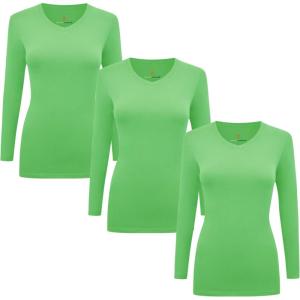 Natural Uniforms Women’s Under Scrub Tee V-Neck Long Sleeve T-Shirt-3-Pack(Lime Green)