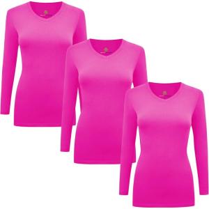 Natural Uniforms Women’s Under Scrub Tee V-Neck Long Sleeve T-Shirt-3-Pack(Neon Pink)