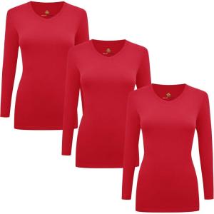 Natural Uniforms Women’s Under Scrub Tee V-Neck Long Sleeve T-Shirt-3-Pack(Red)