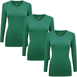 Natural Uniforms Women’s Under Scrub Tee V-Neck Long Sleeve T-Shirt-3-Pack(True Hunter Green)