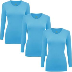 Natural Uniforms Women’s Under Scrub Tee V-Neck Long Sleeve T-Shirt-3-Pack(Water Blue)