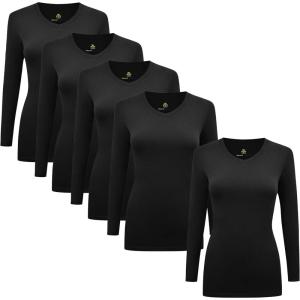 Natural Uniforms Women’s V-Neck Long Sleeve Under Scrub Stretch T-Shirt – Multi Pack of 5(Black)