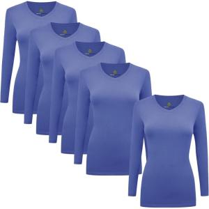 Natural Uniforms Women’s V-Neck Long Sleeve Under Scrub Stretch T-Shirt – Multi Pack of 5(Ceil Blue)