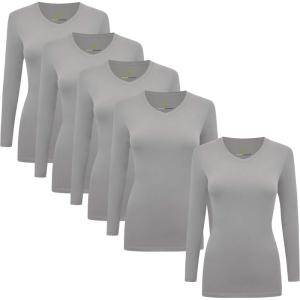 Natural Uniforms Women’s V-Neck Long Sleeve Under Scrub Stretch T-Shirt – Multi Pack of 5(Grey)