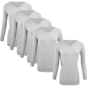 Natural Uniforms Women’s V-Neck Long Sleeve Under Scrub Stretch T-Shirt – Multi Pack of 5(Heather Grey)