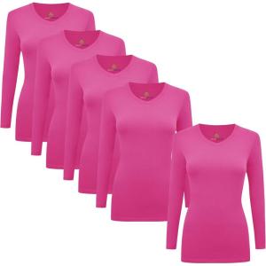 Natural Uniforms Women’s V-Neck Long Sleeve Under Scrub Stretch T-Shirt – Multi Pack of 5(Hot Pink)