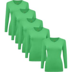 Natural Uniforms Women’s V-Neck Long Sleeve Under Scrub Stretch T-Shirt – Multi Pack of 5(Light Green)